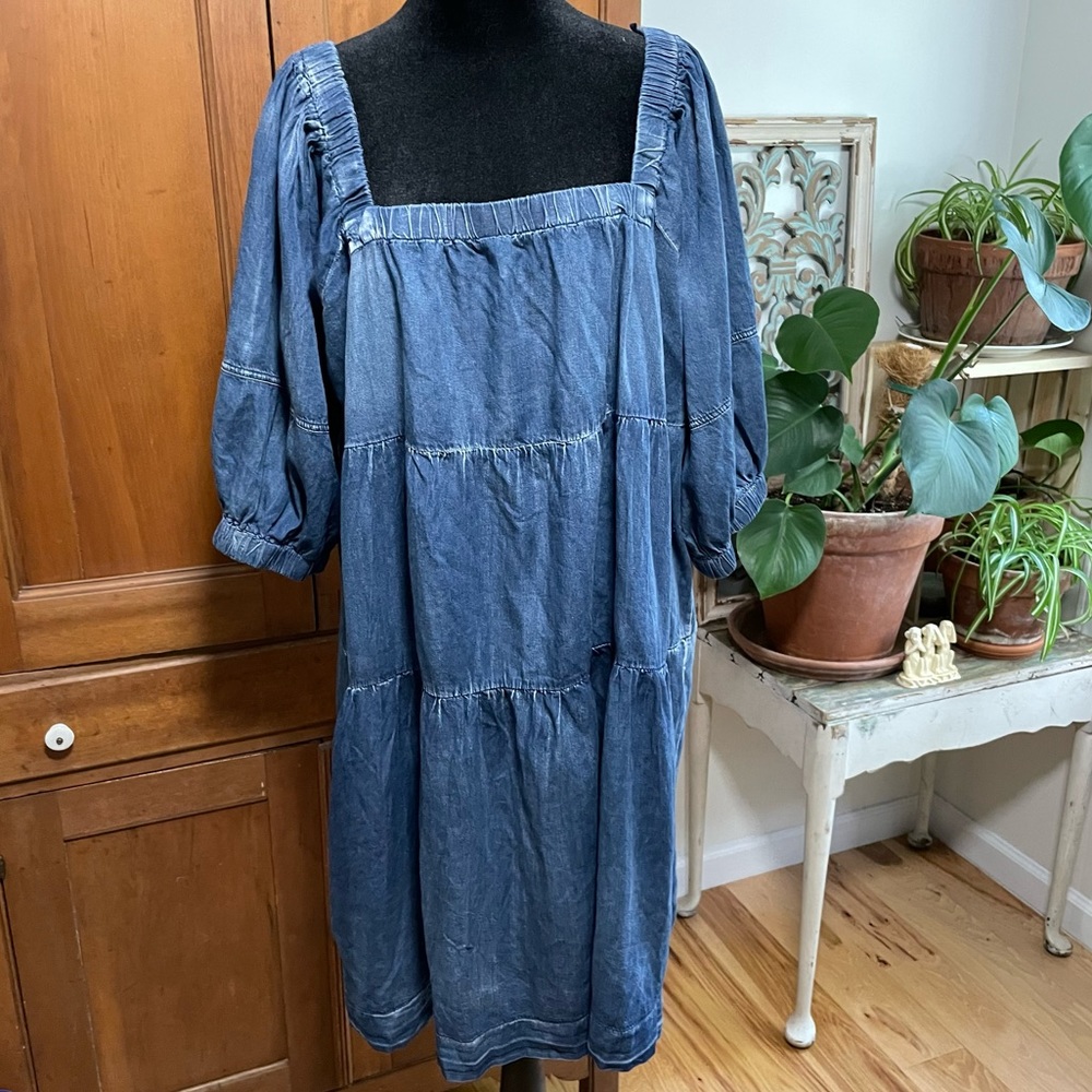 She + Sky Blue Denim-Look Tiered Midi Dress